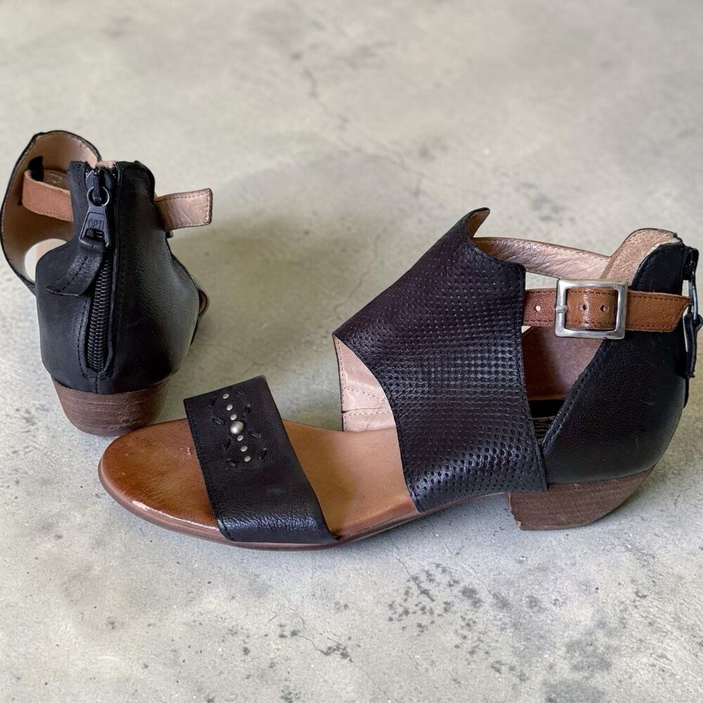 Women's Miz Mooz Leather Cutout Sandals Studded Zipper Black EU Size 38 US 7.5 8 - Picture 1 of 14